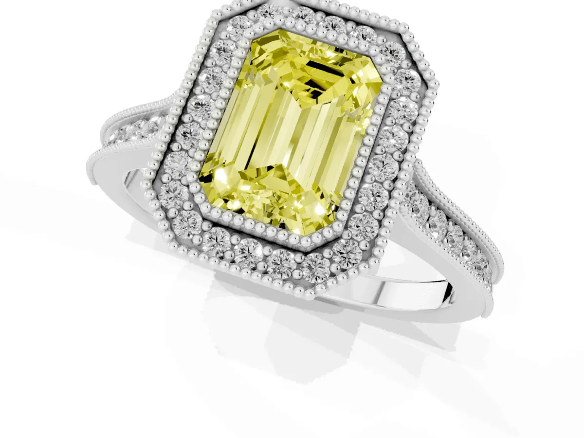 Fancy Yellow Halo Emerald Cut-Cut Diamond Pave Band Milgrain Prong Setting Ring Silver