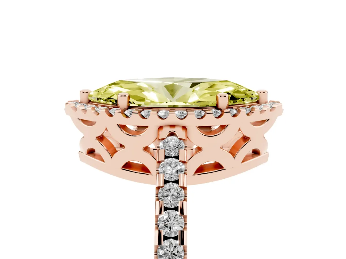 Fancy Yellow Marquise Cut Diamond Halo Engagement Ring with Pavé Band and Prong Setting Rose gold