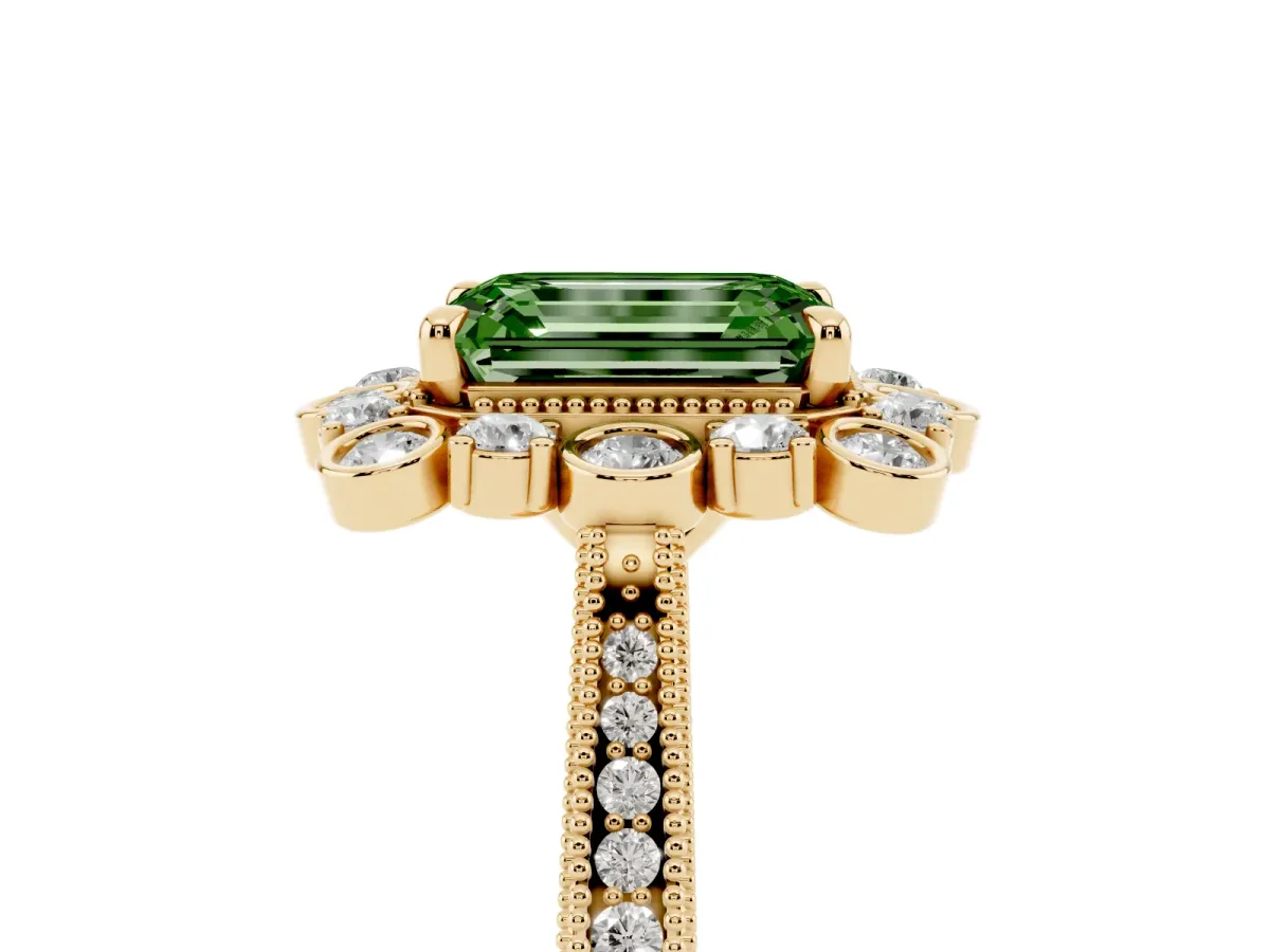Fancy Green Emerald Cut Halo Milgrain Pave Diamond Ring with Four-Prong Setting Yellow gold
