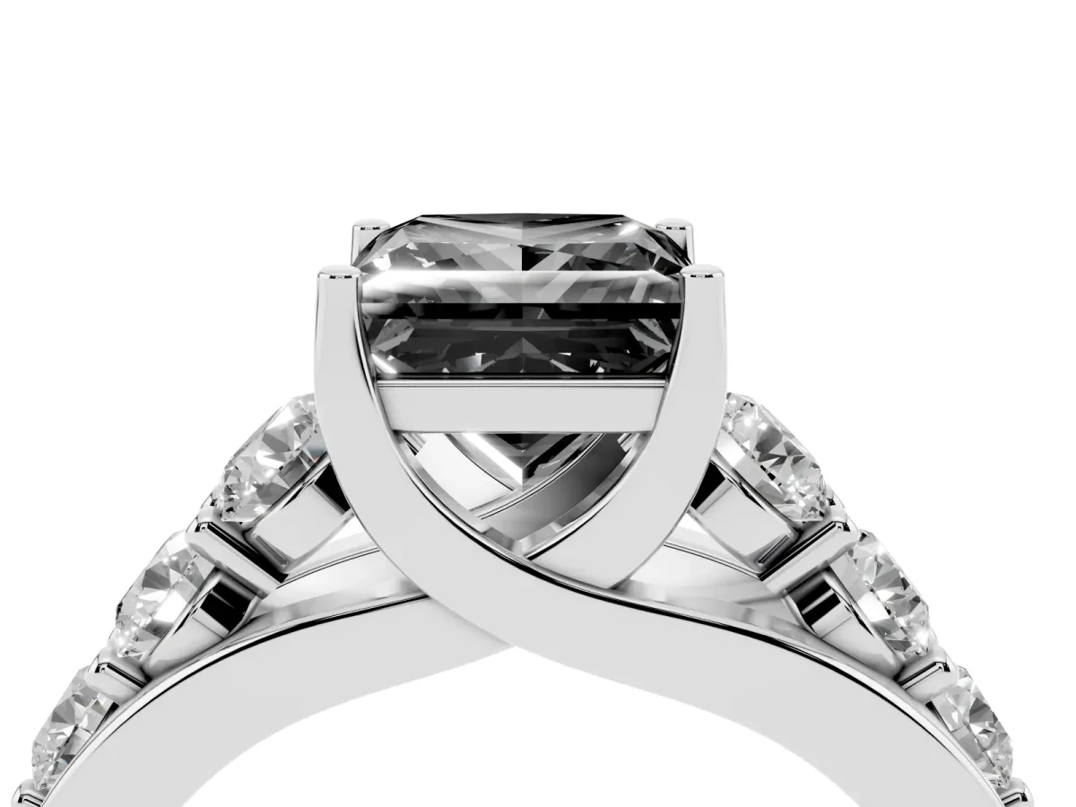 Fancy Black Princess Cut Diamond Engagement Ring with Pavé Band and Four-Prong Setting Platinum