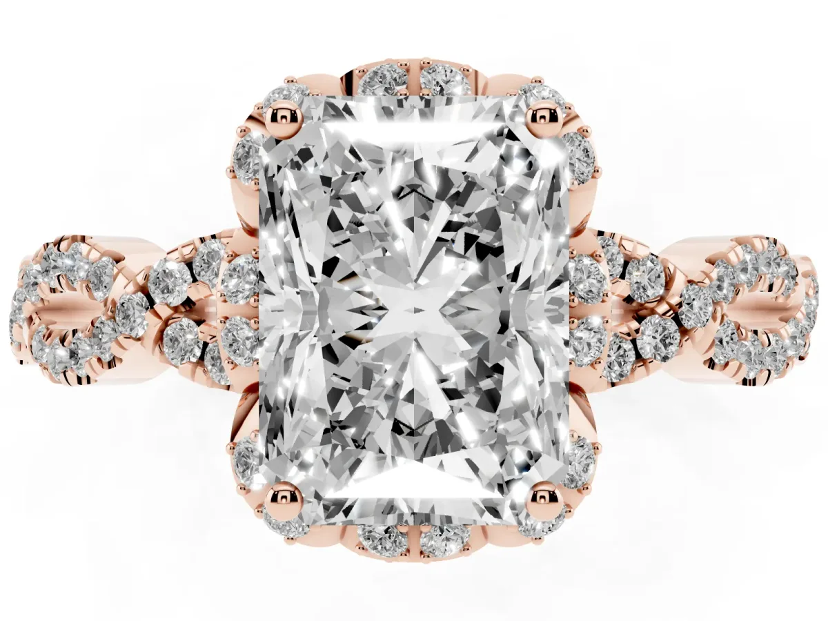 Radiant Cut Halo Twist Band Solitaire Ring with Six-Prong Setting Rose gold