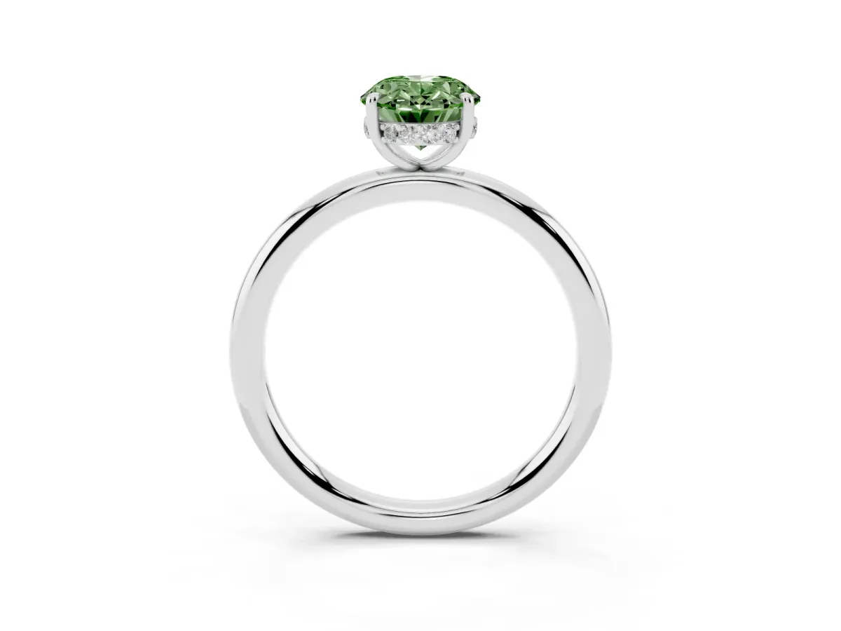 Fancy Green Oval Cut Diamond Solitaire Ring with Thin Band and Four-Prong Setting Silver