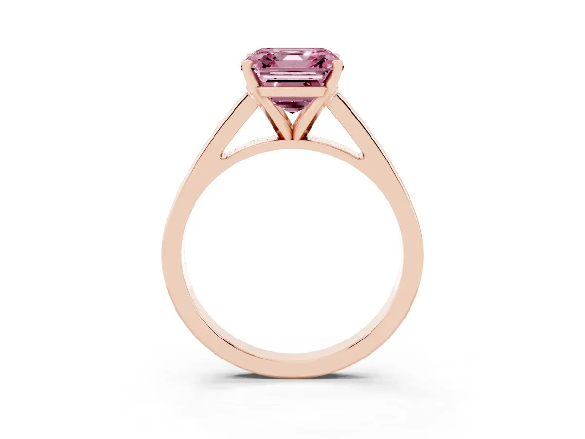 Fancy Pink Asscher Cut Solitaire Engagement Ring with Four-Prong Setting and Tapered Band Rose gold