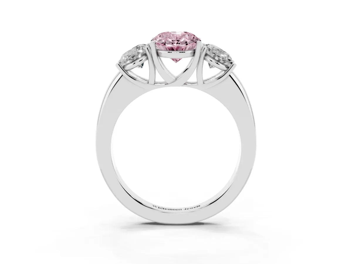 Fancy Pink Oval Cut Diamond Three-Stone Ring with Four-Prong Setting and Classic Band Silver