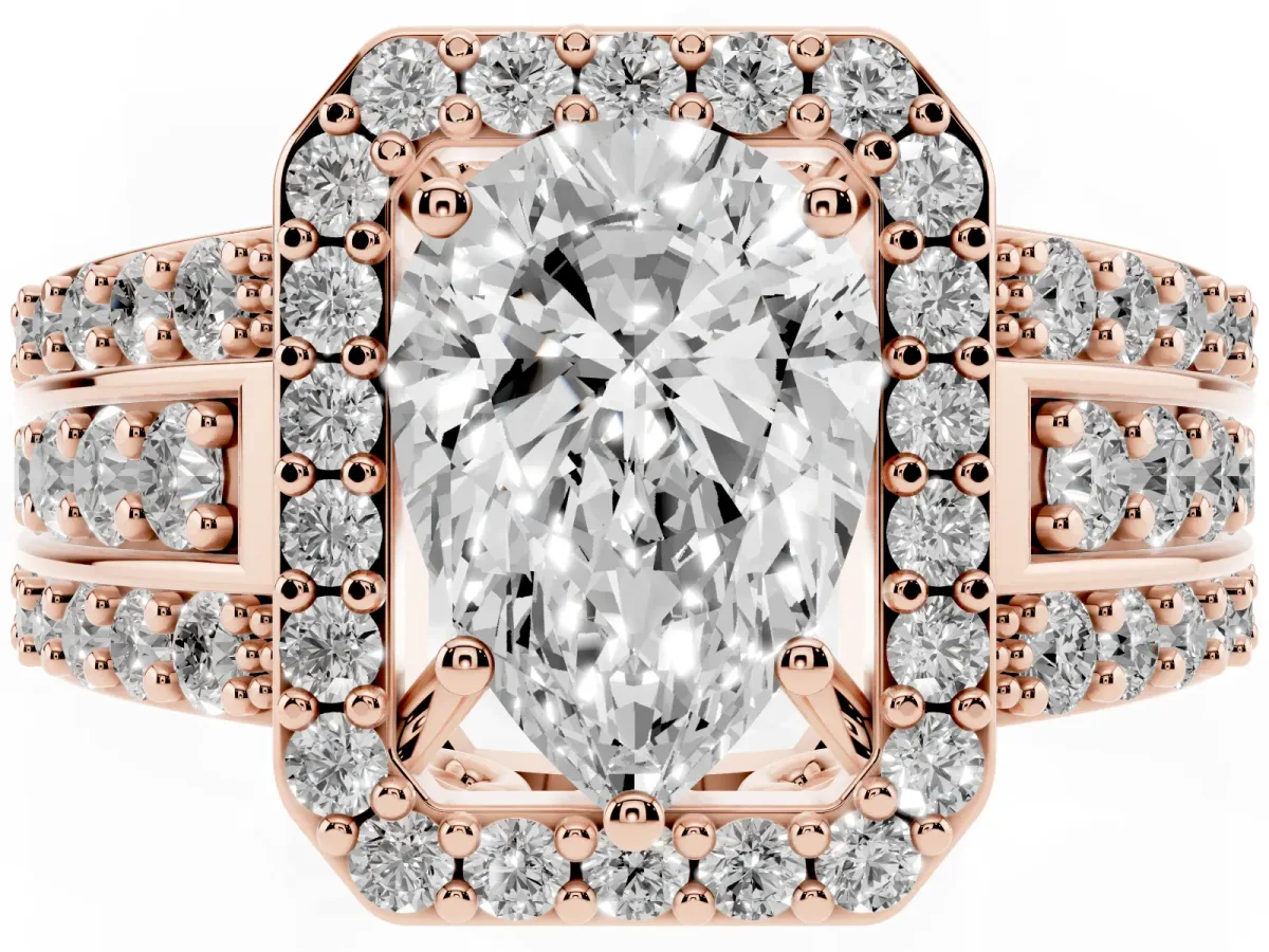 Pear Cut Halo Diamond Ring with Round Split Shank and Prong Setting Rose gold