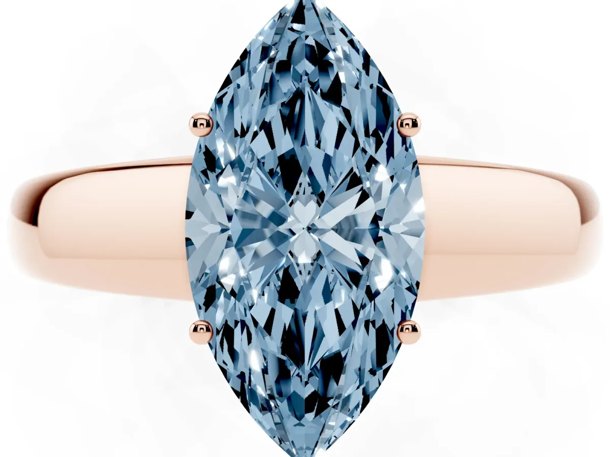 Fancy Blue Marquise Cut Solitaire Diamond Ring with Tapered Band and Four-Prong Setting Rose gold