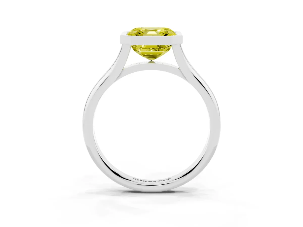 Fancy Yellow Bezel Set Asscher Cut Cut Solitaire Ring with Tapered Band Silver