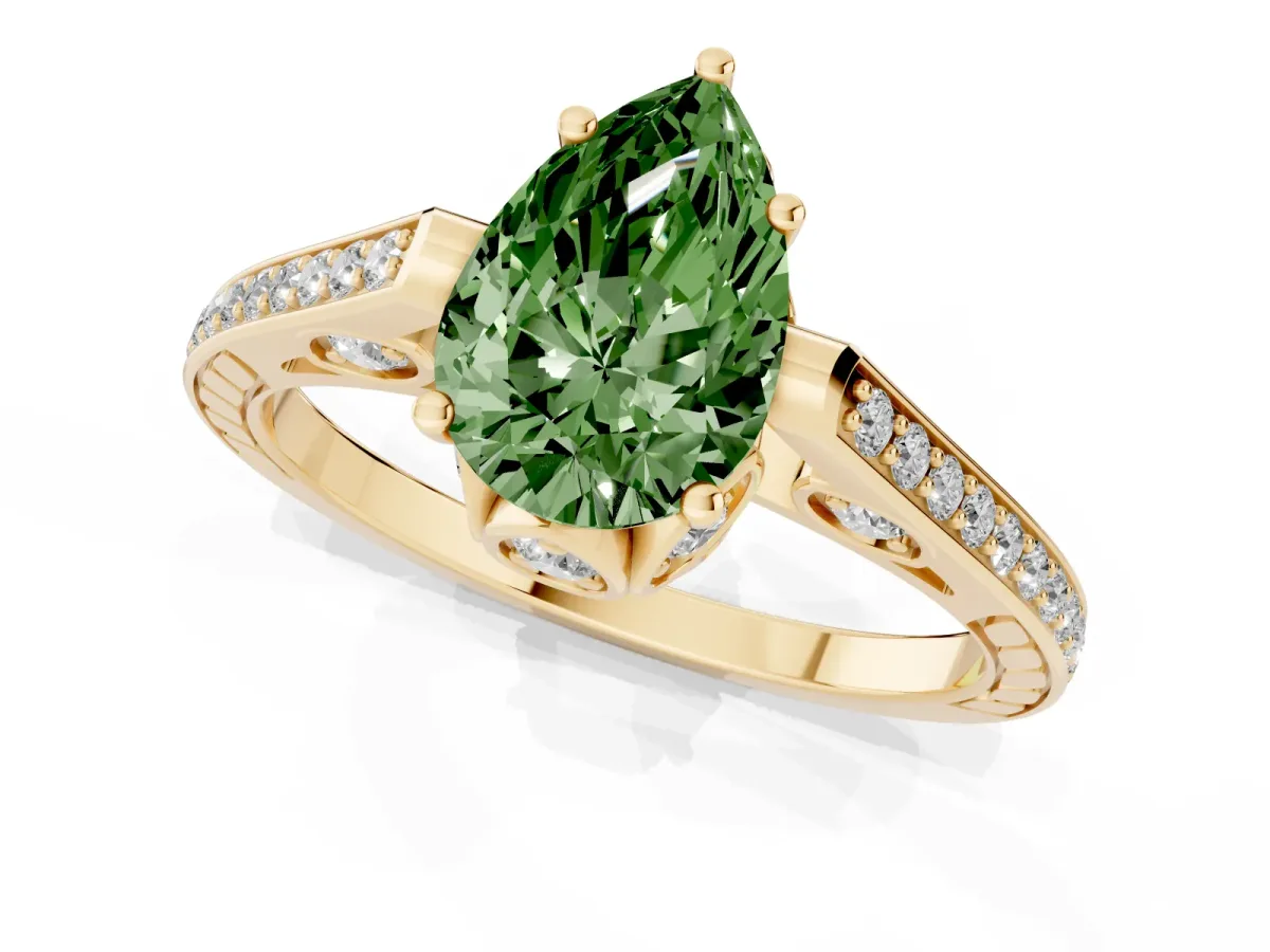Fancy Green Pear Cut Cut Cathedral Pave Diamond Engagement Ring with Six-Prong Setting Yellow gold