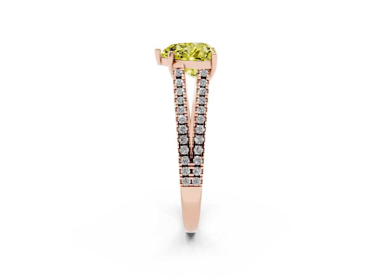 Fancy Yellow Heart Cut Diamond Solitaire Engagement Ring with Split Shank Pavé Band Rose gold