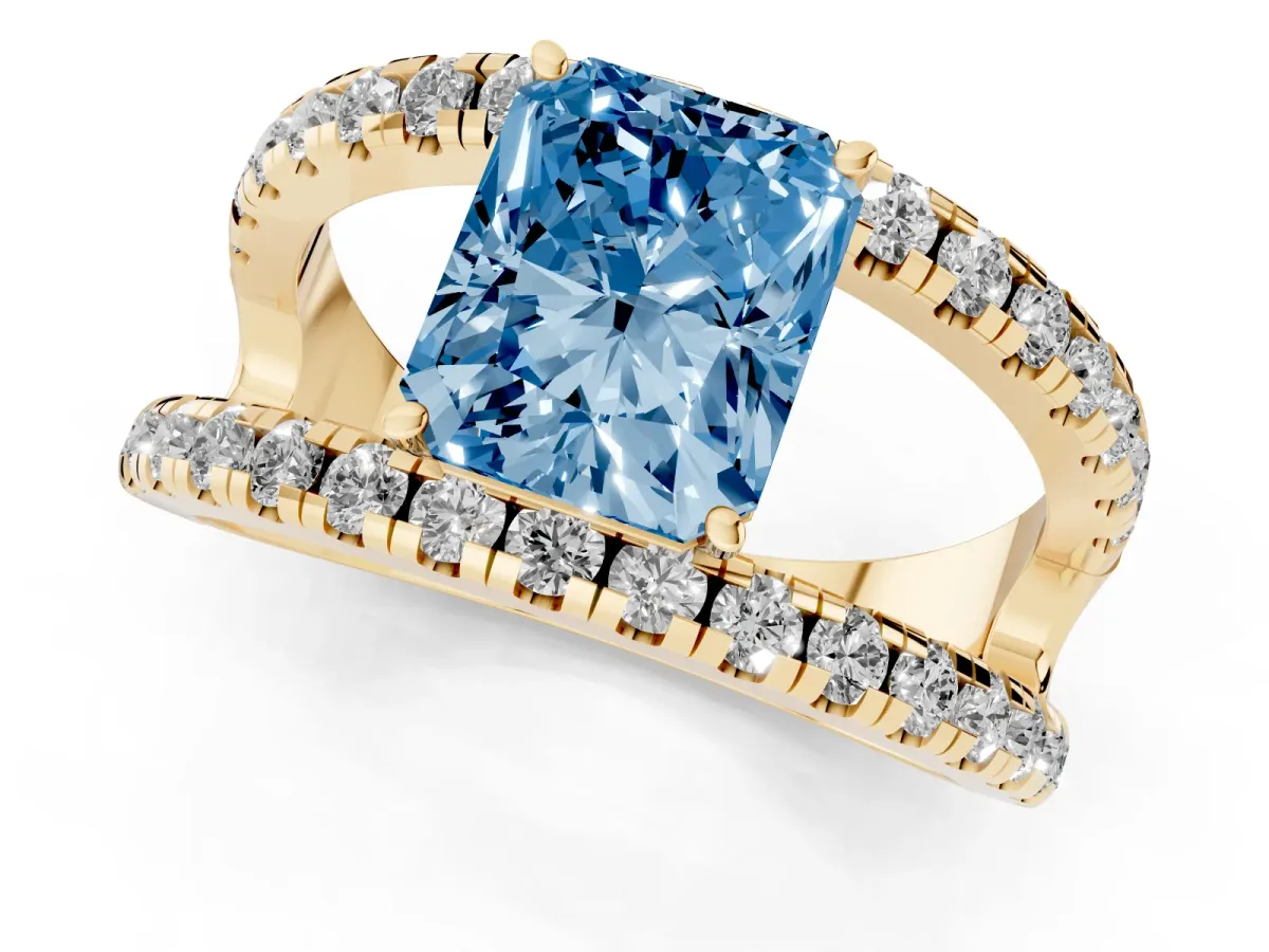 Fancy Blue Radiant Cut Solitaire Split Shank Pave Diamond Ring Yellow gold