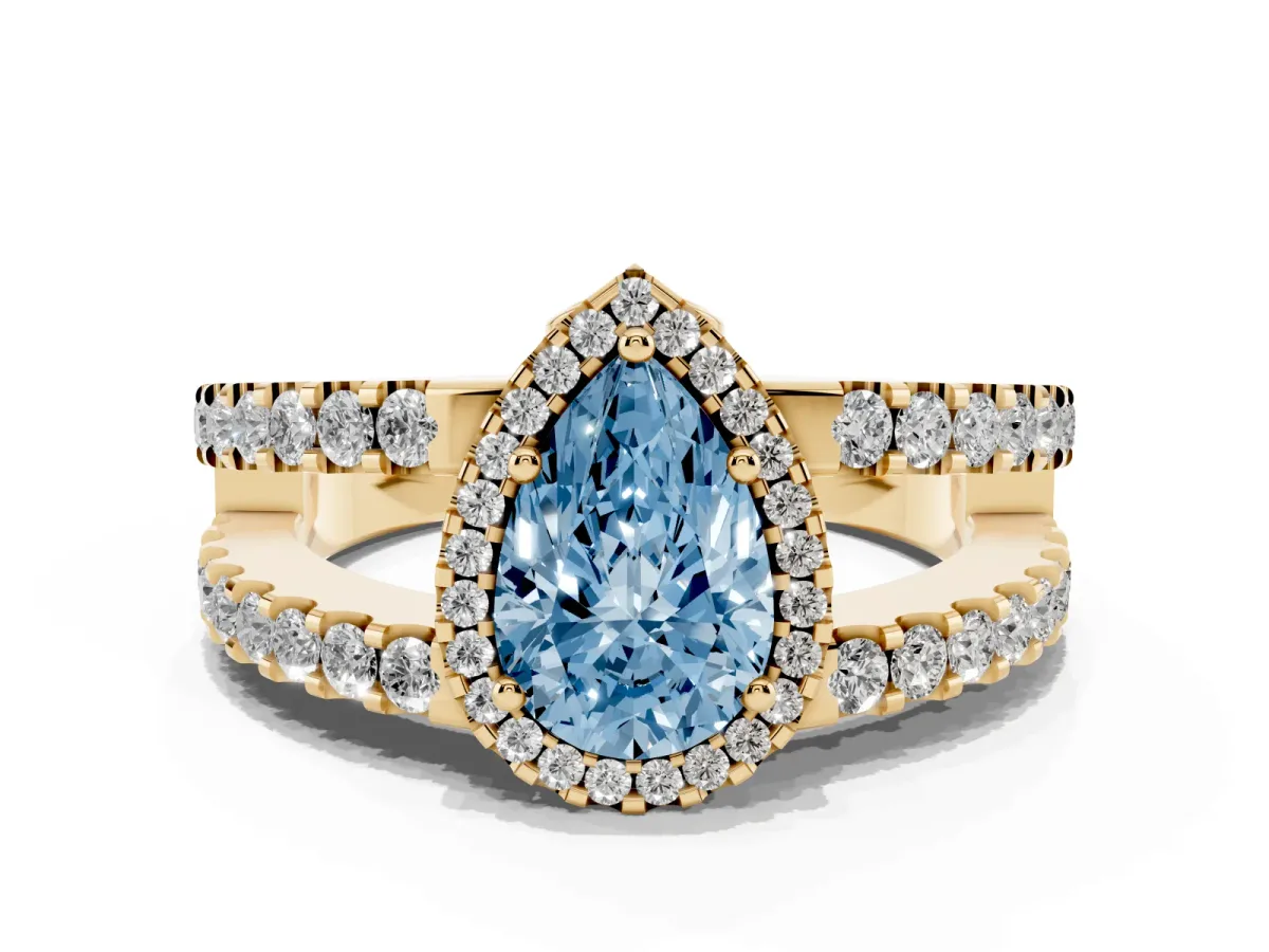 Fancy Blue Pear Cut Cut Halo Split Shank Diamond Ring with Four-Prong Setting Yellow gold