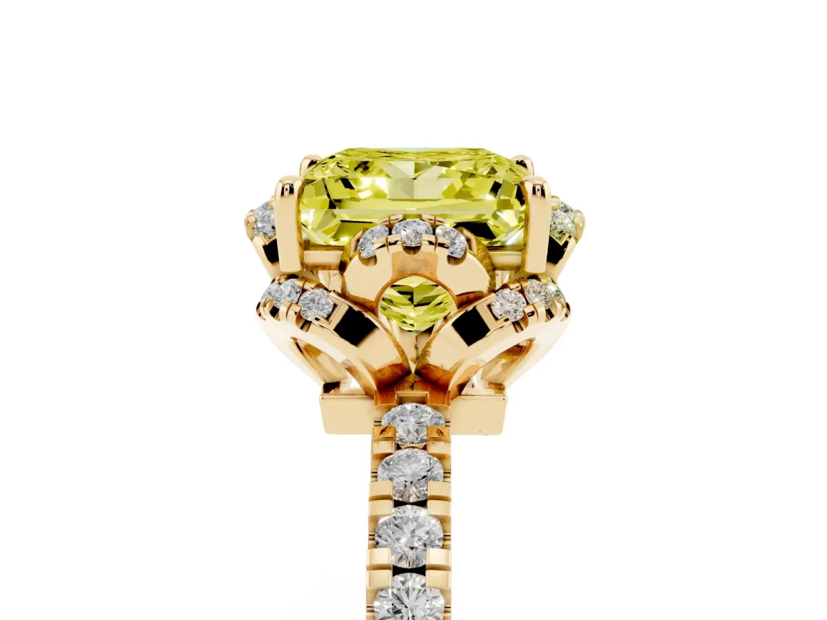 Fancy Yellow Princess Cut Diamond Halo Pave Band with Four-Prong Setting Yellow gold