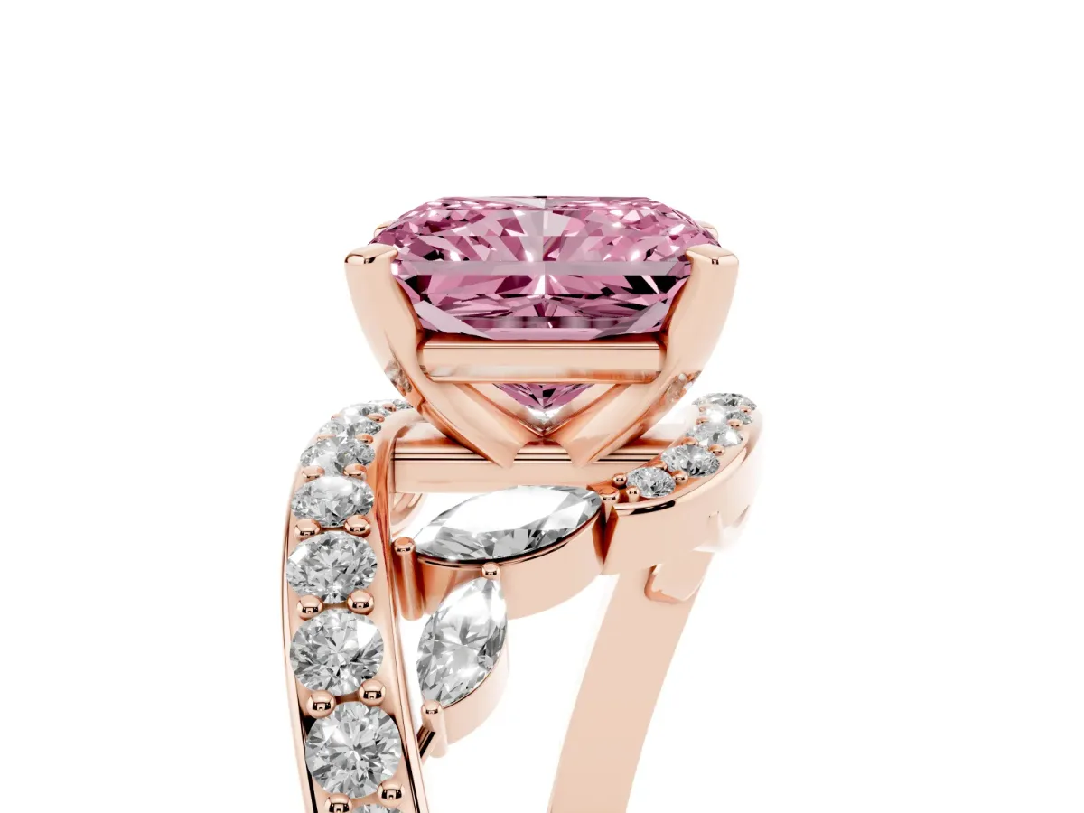 Fancy Pink Radiant Cut Solitaire with Pavé Twist Band and Four-Prong Setting Rose gold