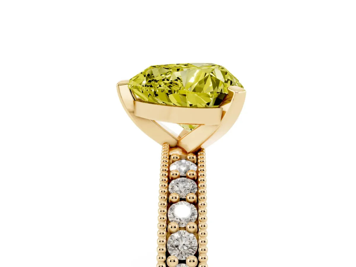Fancy Yellow Heart Cut Diamond Milgrain Pavé Engagement Ring with Four-Prong Setting Yellow gold