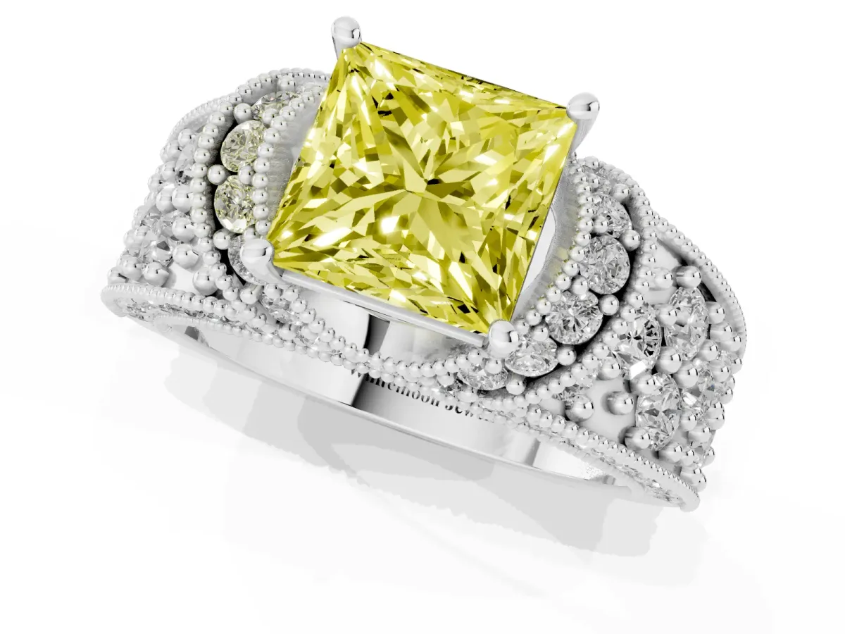 Fancy Yellow Princess Cut Halo Pave Diamond Engagement Ring with Milgrain Detailing White gold