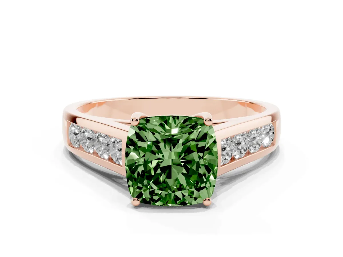Fancy Green Cushion Cut Brilliant Channel-Set Solitaire Ring with Four-Prong Setting Rose gold