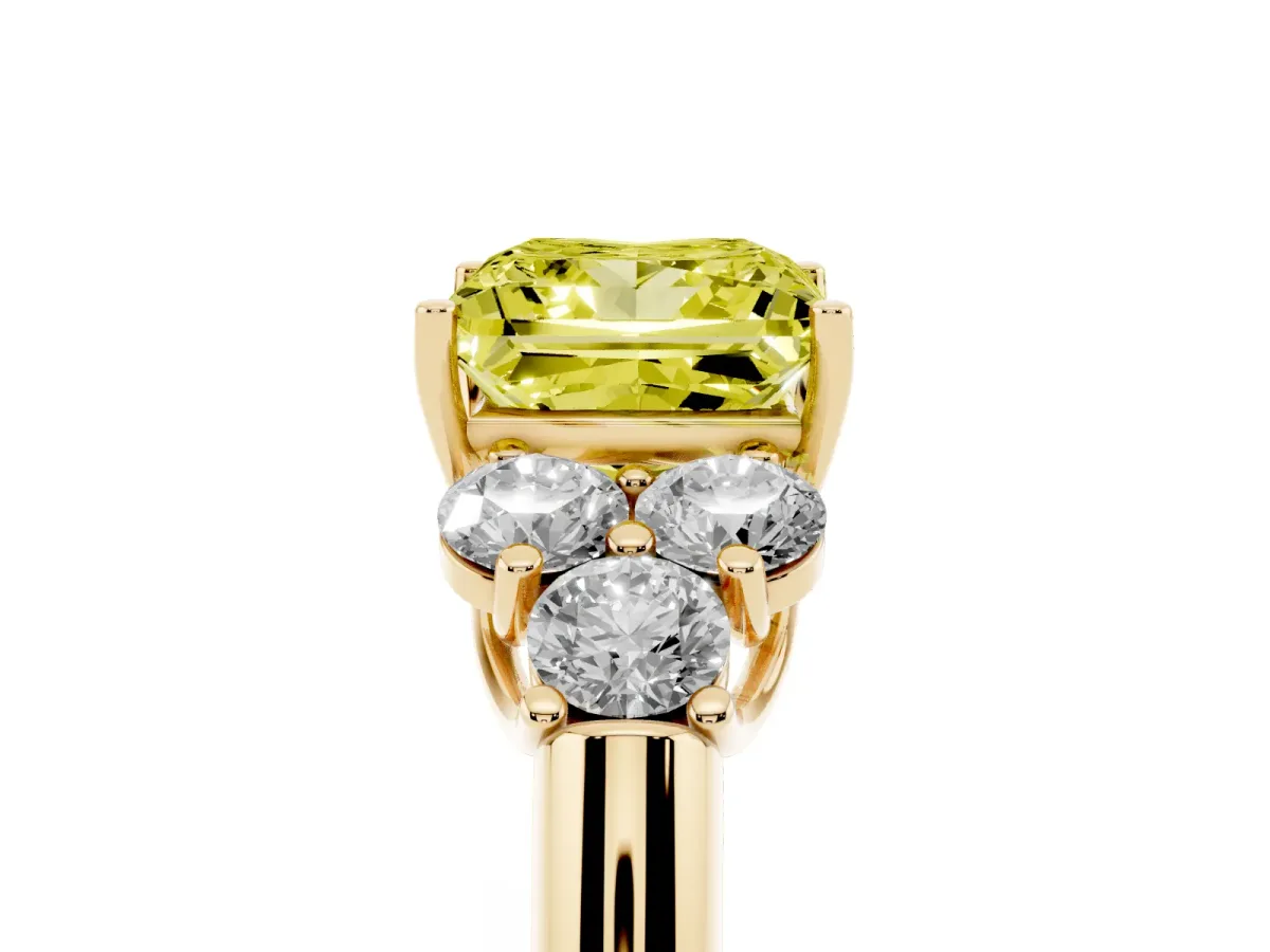 Fancy Yellow Princess Cut Cut Diamond Cluster Ring with Round Accent Stones and Prong Setting on a Classic Band Yellow gold