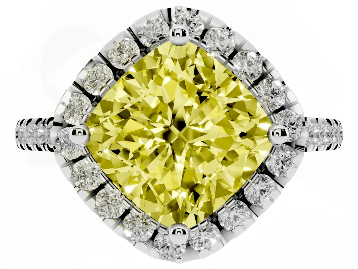 Fancy Yellow Cushion Cut Diamond Cushion Halo Ring with Pavé Band Silver