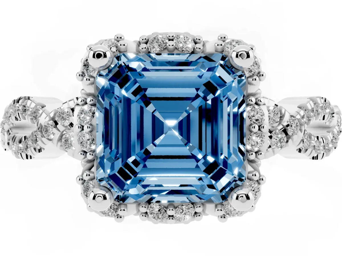 Fancy Blue Asscher Cut Halo Twist Band Solitaire Ring with Six-Prong Setting Silver