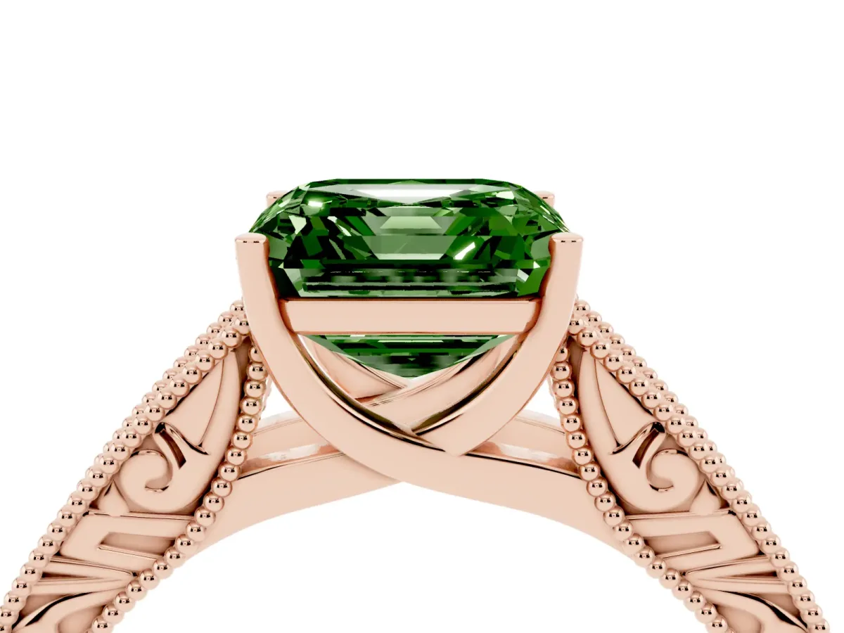Fancy Green Asscher Cut Diamond Solitaire Ring with Engraved Band and Four-Prong Setting Rose gold