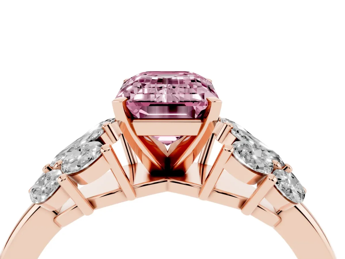Fancy Pink Emerald Cut Diamond Cluster Leaf Design Ring with Prong Setting Rose gold