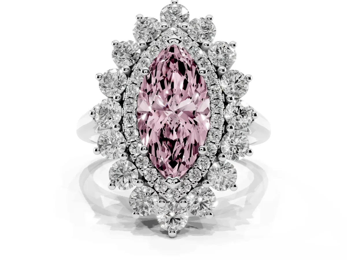 Fancy Pink Marquise Cut Diamond Floral Double Halo Engagement Ring with Prong Setting Silver