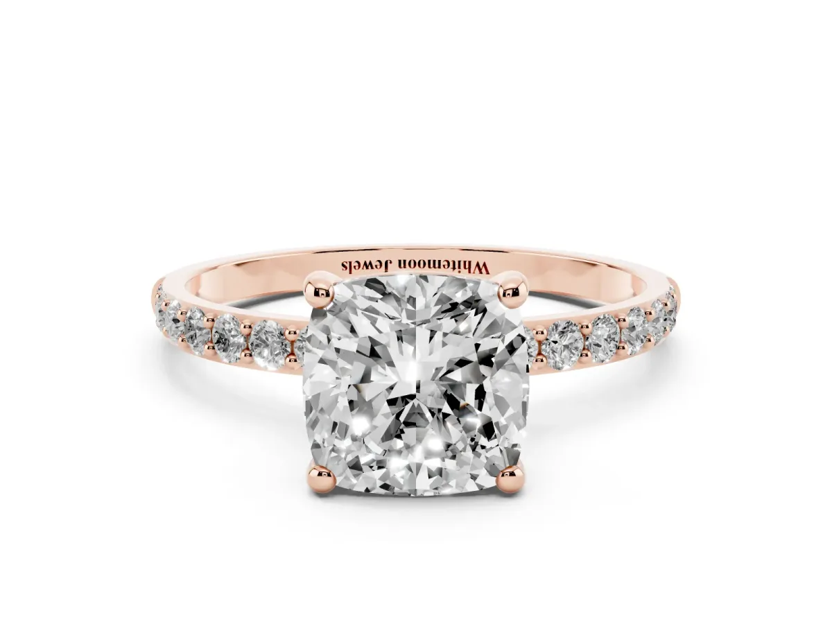Cushion Cut Diamond Solitaire Ring with Round Pavé Band and Prong Setting Rose gold