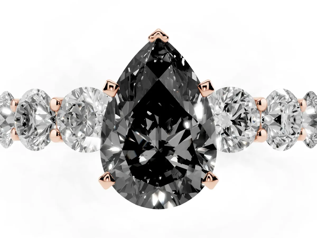 Fancy Black Pear Cut Diamond Prong Setting with Side Stones on a Pave Band Rose gold