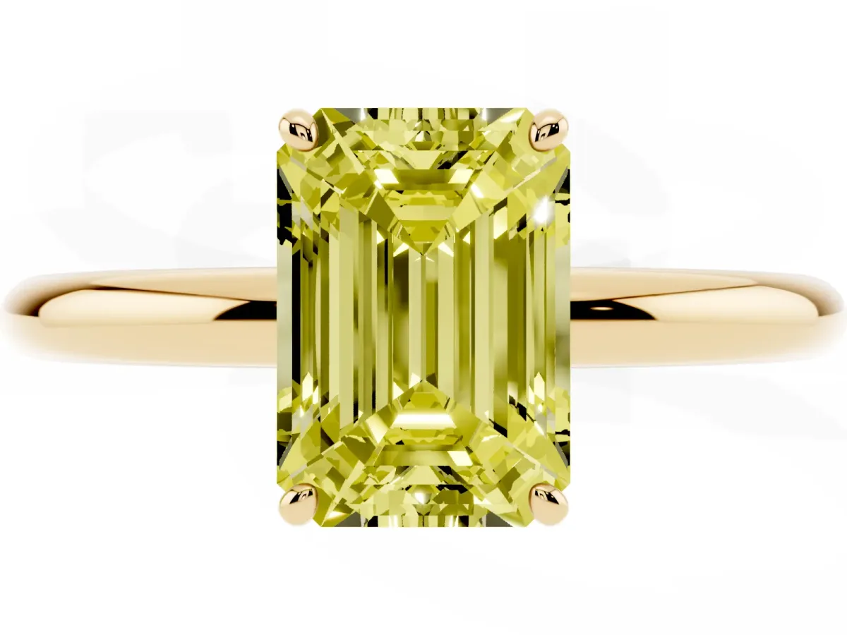 Fancy Yellow Emerald Cut Solitaire Diamond Ring with Four-Prong Setting on a Plain Band Yellow gold