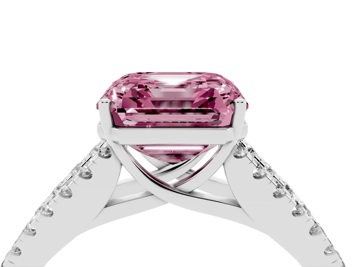 Fancy Pink Asscher Cut Diamond Split Shank Pavé Engagement Ring with Four-Prong Setting Silver
