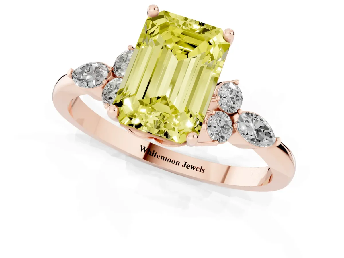 Fancy Yellow Emerald Cut Brilliant Diamond Solitaire Ring with Pear Side Stones and Four-Prong Setting Rose gold