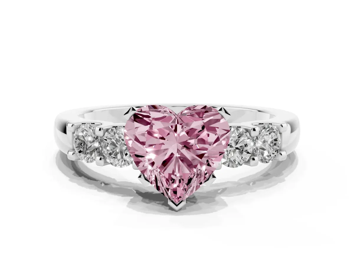 Fancy Pink Heart Cut Brilliant Cut Diamond Five-Stone Prong Set Engagement Ring with Channel Band Silver