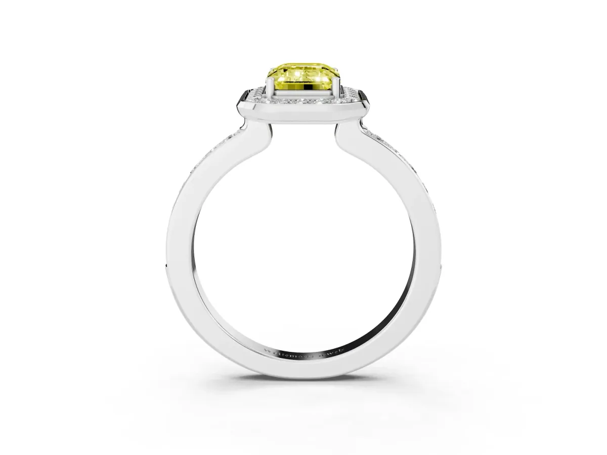 Fancy Yellow Emerald Cut Diamond Halo Ring with Bezel Frame and Pavé Band Silver
