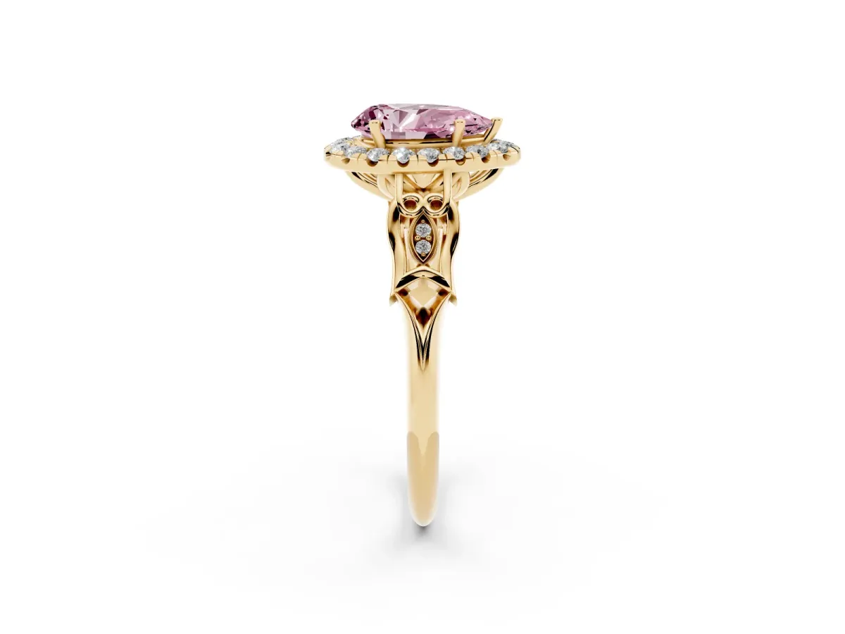 Fancy Pink Pear Cut Halo Diamond Engagement Ring with Filigree Band and Four-Prong Setting Yellow gold