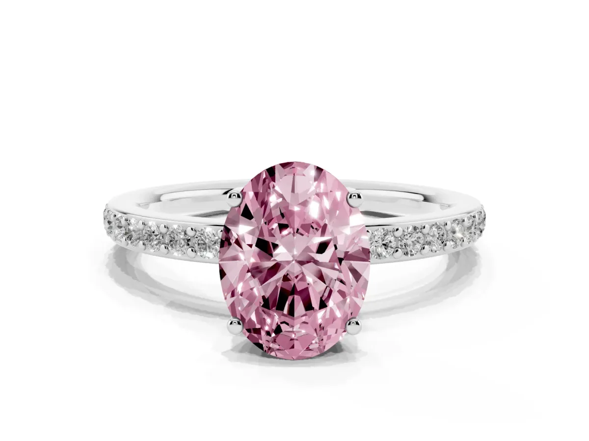 Fancy Pink Oval Cut Cut Diamond Pavé Band Ring with Four-Prong Setting Silver