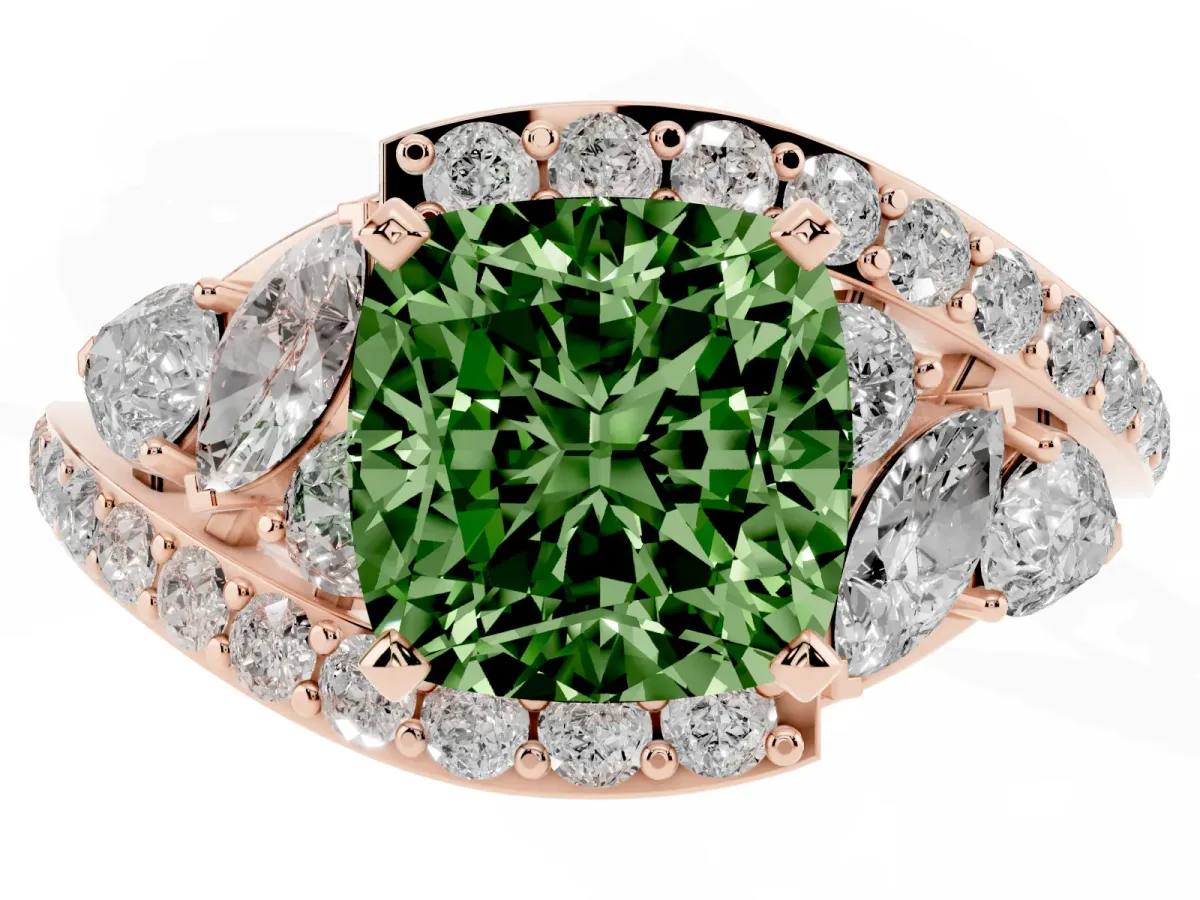 Fancy Green Cushion Cut Diamond Halo Ring with Marquise and Pavé Band in Prong Setting Rose gold
