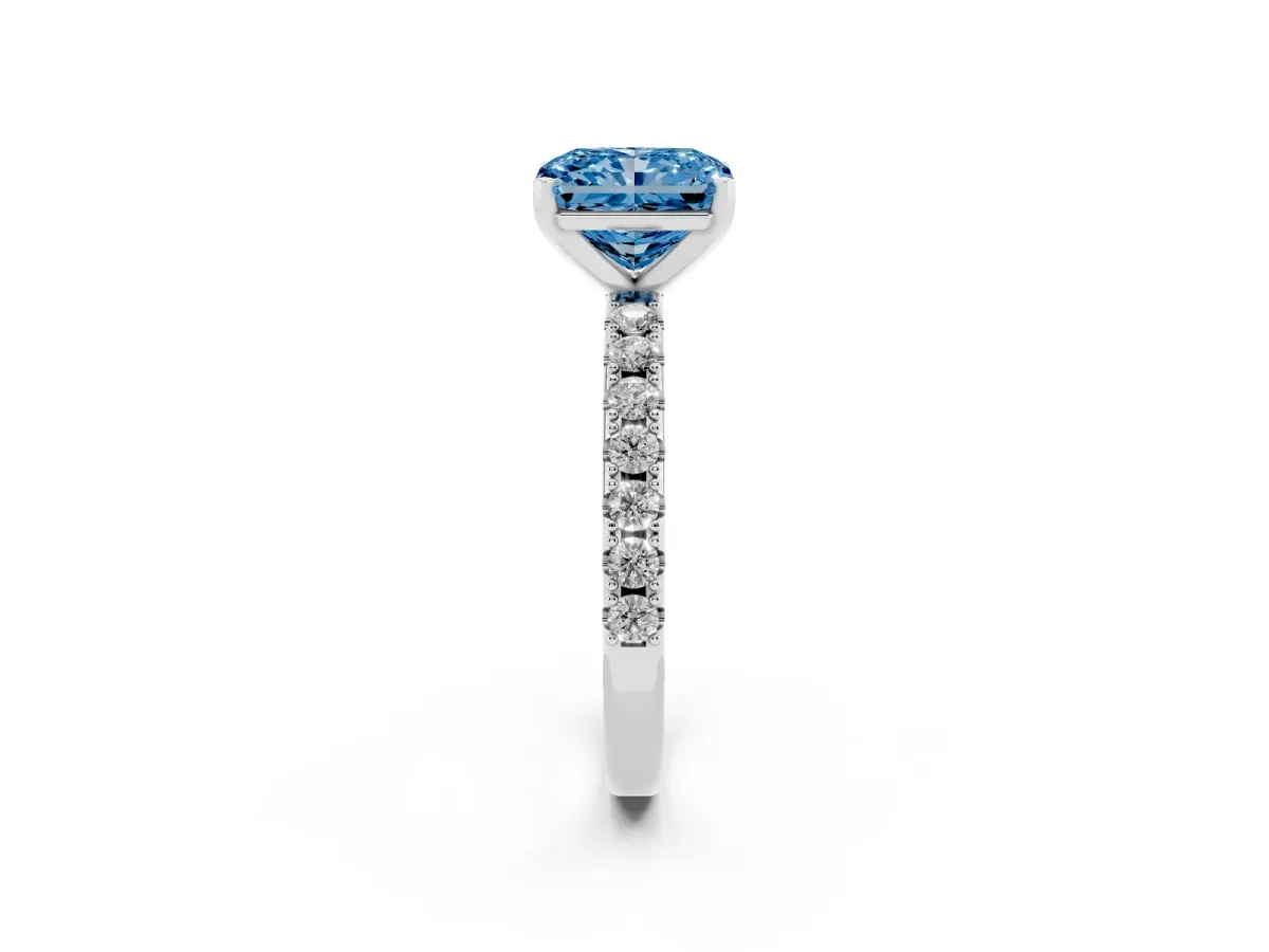 Fancy Blue Radiant Cut Diamond Solitaire Pavé Band with Four-Prong Setting Silver