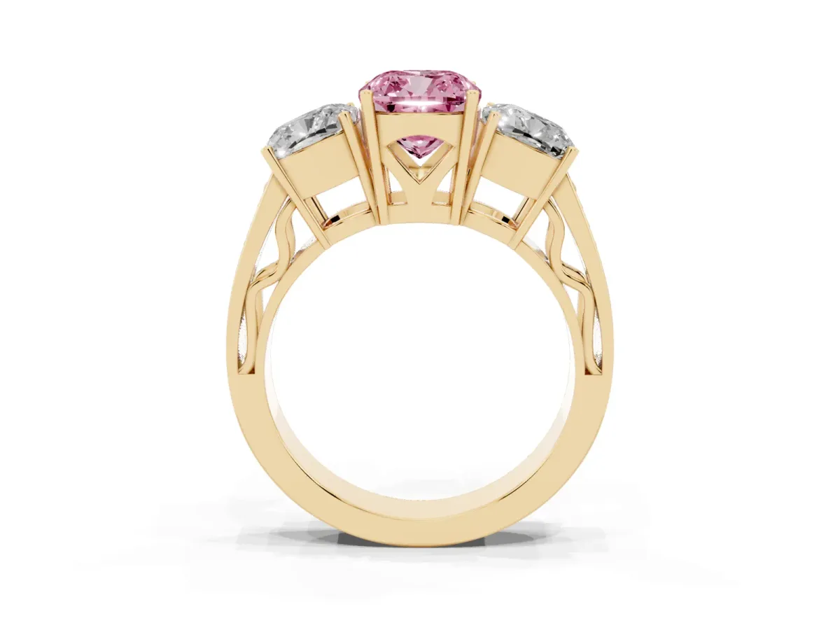 Fancy Pink Cushion Cut Diamond Three-Stone Ring with Prong Setting and Textured Band Yellow gold