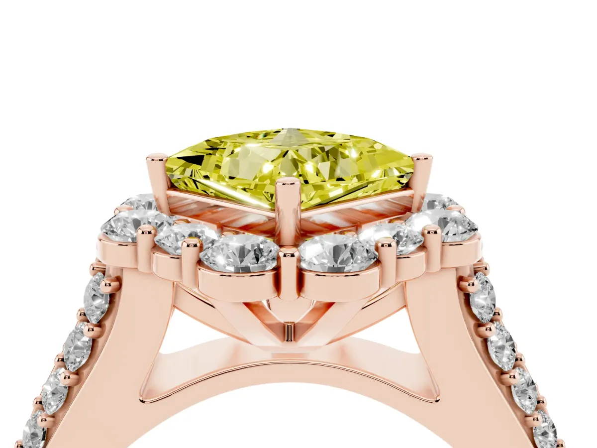 Fancy Yellow Princess Cut Halo Diamond Engagement Ring with Split Shank and Prong Setting Rose gold