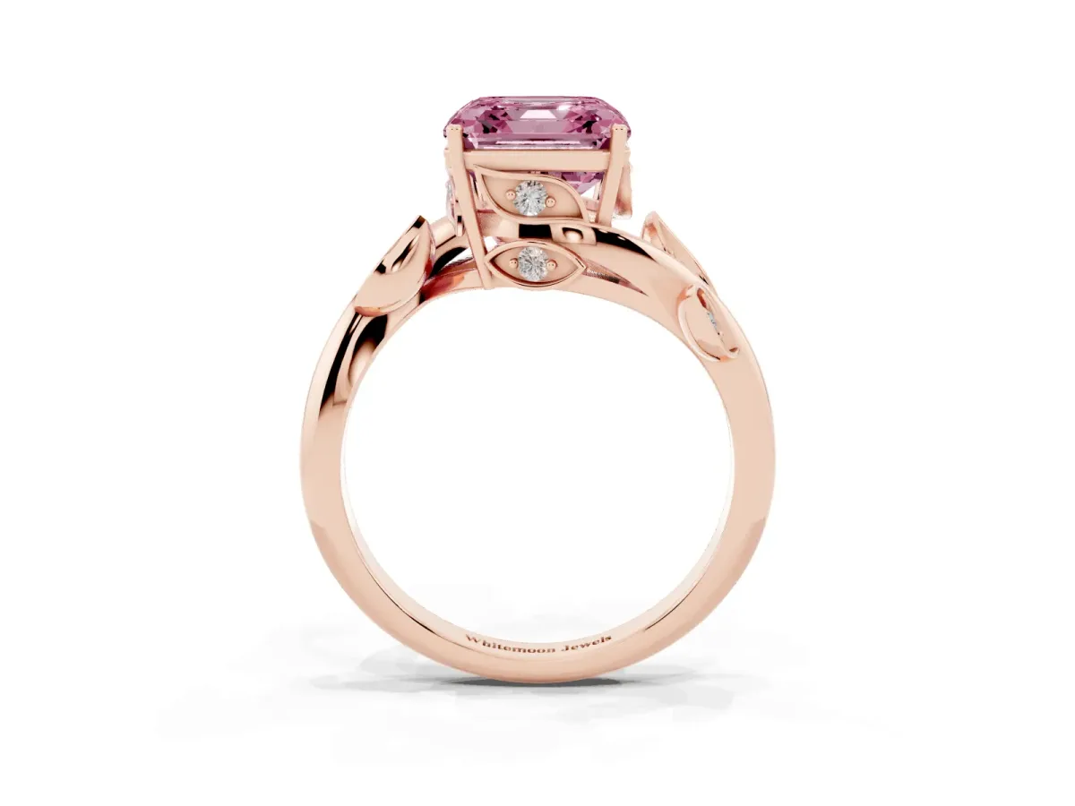 Fancy Pink Asscher Cut Solitaire Twist Engagement Ring with Leaf Accents and Prong Setting Rose gold