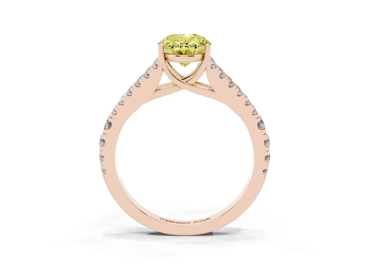Fancy Yellow Oval Cut Diamond Split Shank Engagement Ring with Round Pavé and Prong Setting Rose gold