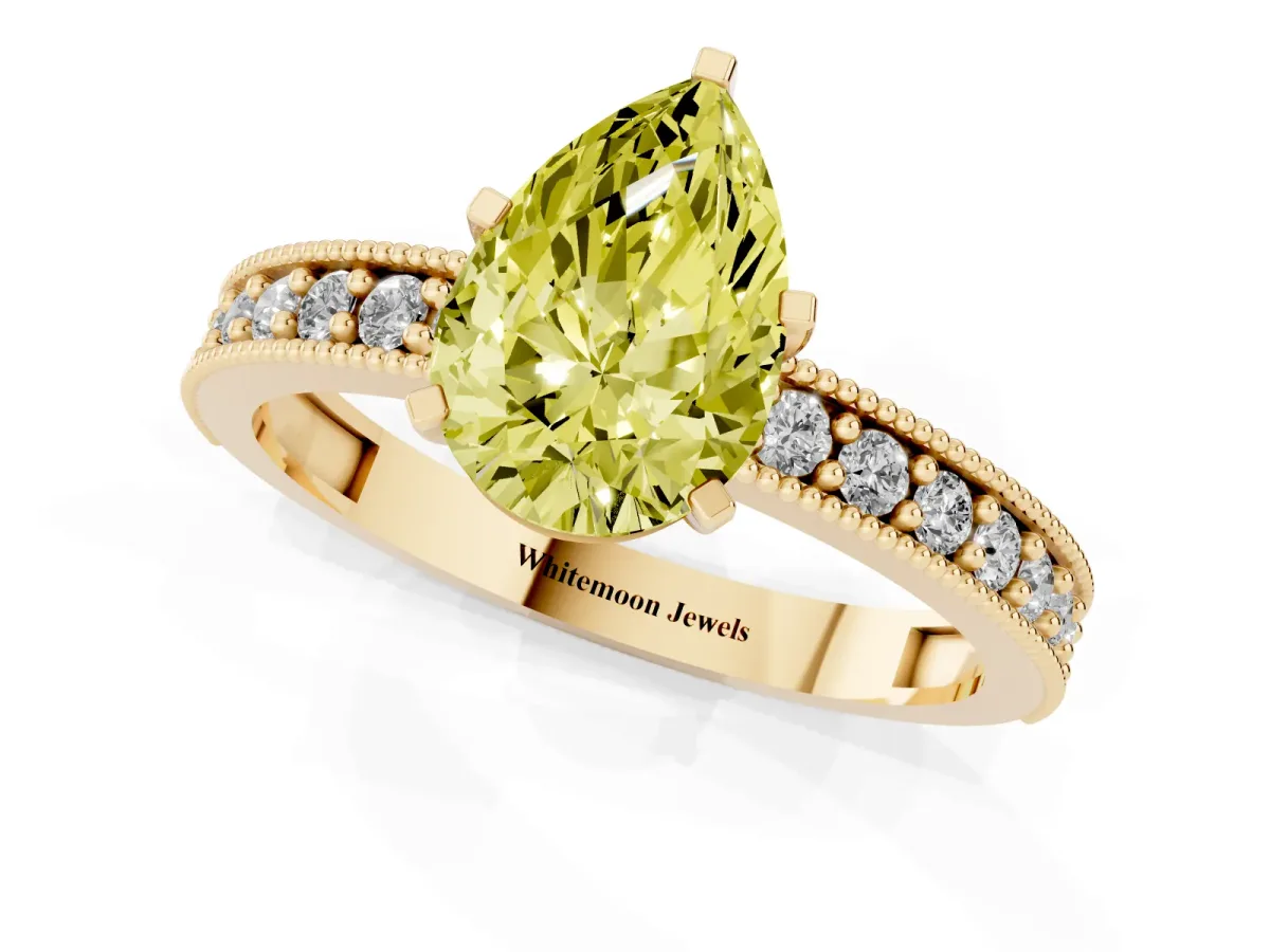 Fancy Yellow Pear Cut Diamond Milgrain Pavé Engagement Ring with Four-Prong Setting Yellow gold