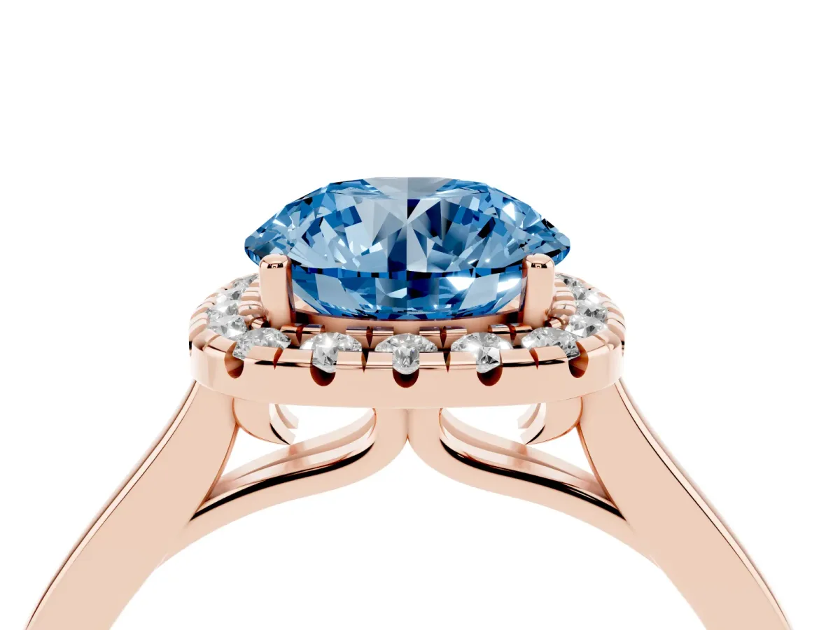 Fancy Blue Round Cut Halo Round Diamond Solitaire Ring with Pavé Band and Four-Prong Setting Rose gold