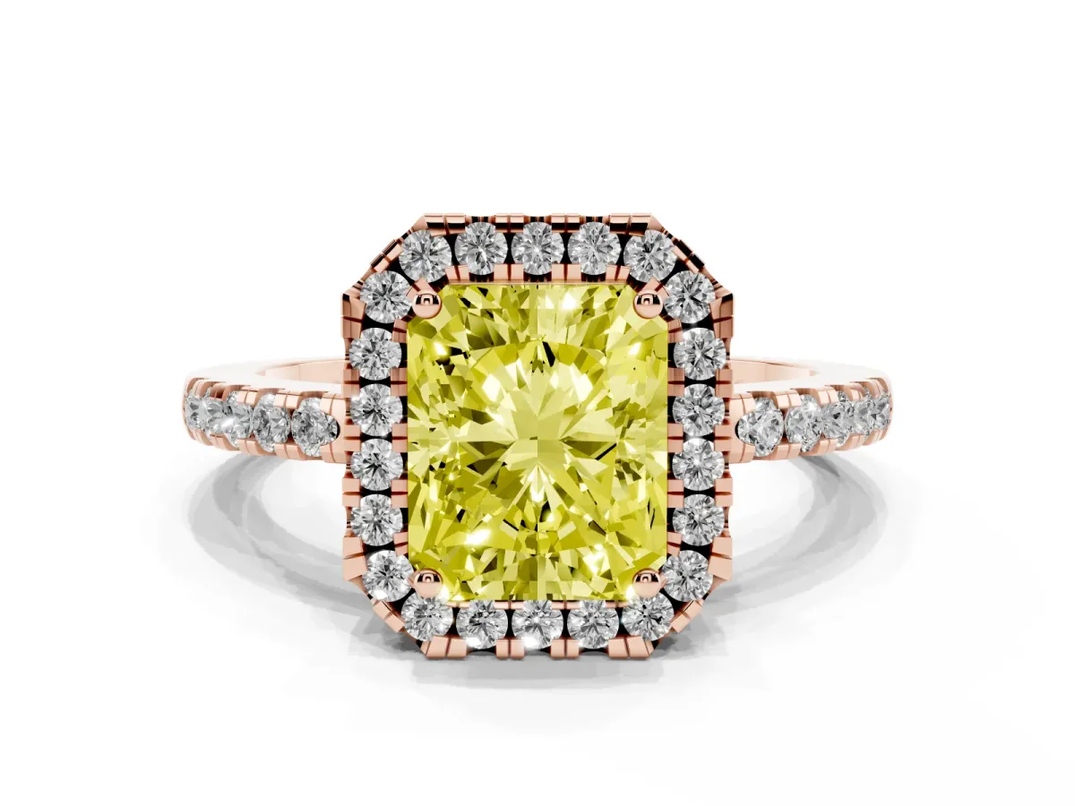 Fancy Yellow Radiant Cut Halo Diamond Engagement Ring with Pavé Band and Four-Prong Setting Rose gold