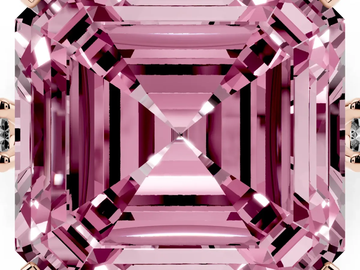 Fancy Pink Asscher Cut Cut Three-Stone Solitaire Ring with Round Accent Diamonds and Four-Prong Setting Rose gold