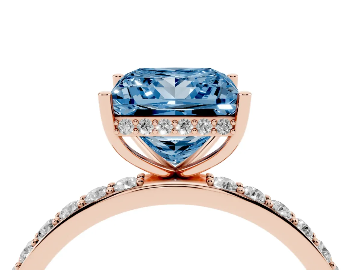 Fancy Blue Princess Cut Diamond Solitaire Ring with Pavé Band and Hidden Halo Rose gold