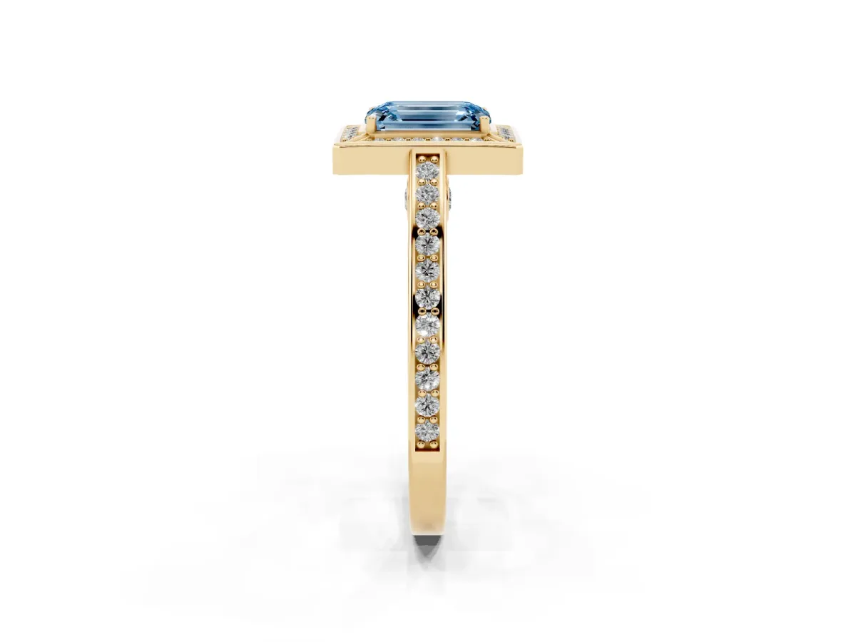Fancy Blue Emerald Cut Cut Halo Pave Split Shank Prong Setting Ring Yellow gold
