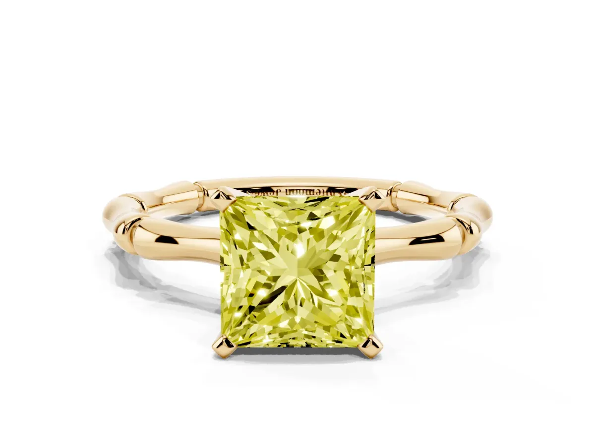 Fancy Yellow Princess Cut Solitaire Diamond Ring with Bamboo Band and Four-Prong Setting Yellow gold
