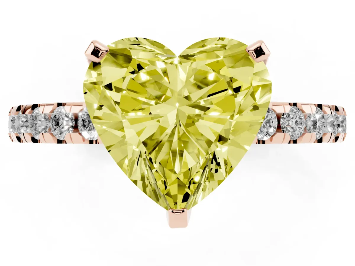 Fancy Yellow Heart Cut Diamond Solitaire Ring with Round Pavé Band and Four-Prong Setting Rose gold