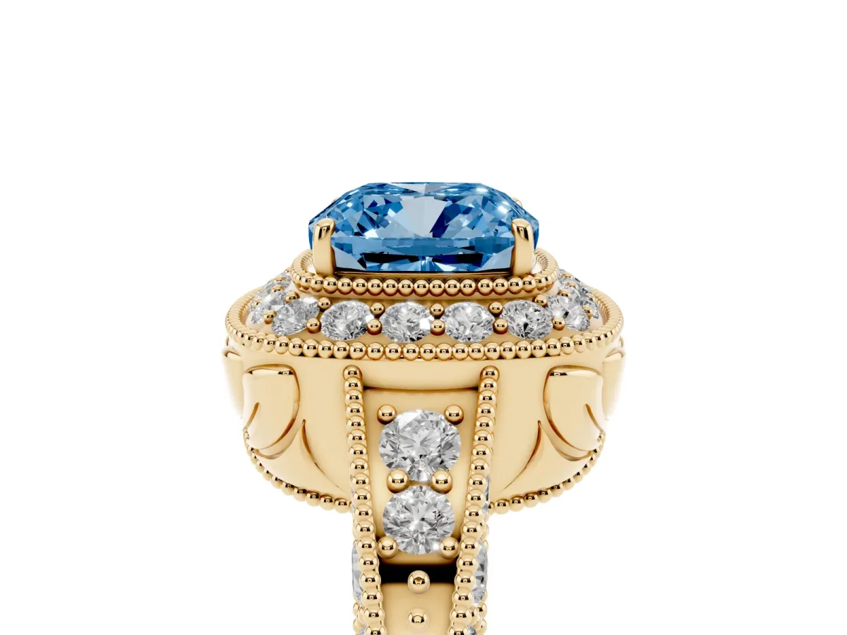 Fancy Blue Cushion Cut Halo Diamond Split Shank Ring with Milgrain Detail Yellow gold